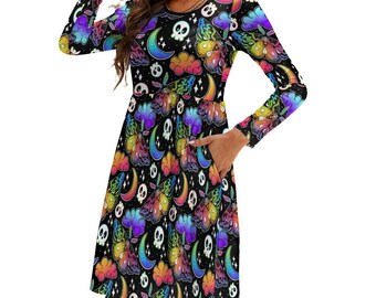 Vestido gótico arcoíris de cuello redondo y manga larga con bolsillos / Ropa de talla grande para mujer