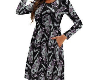 Vestido estilo ataúd con bolsillos para chica zombi / Vestido patinador de manga larga estilo pin-up de terror
