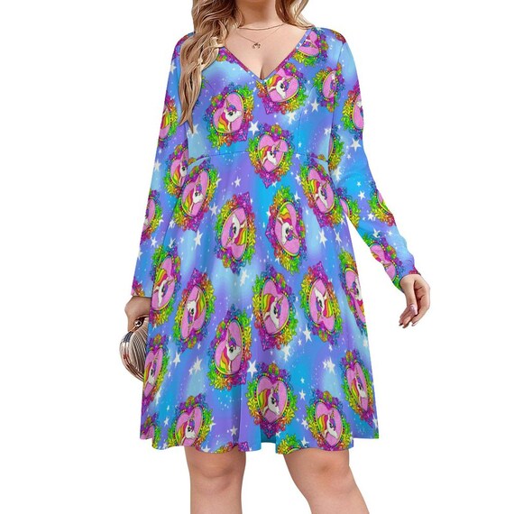 fun long sleeve dresses Rainbow Unicorn Dress V-neck Long Sleeve | Quirky Fun Dresses