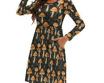 Vestido de bosque de setas con bolsillos / Vestido de bosque de setas estilo cottagecore / Conjunto inspirado en la naturaleza de las brujas