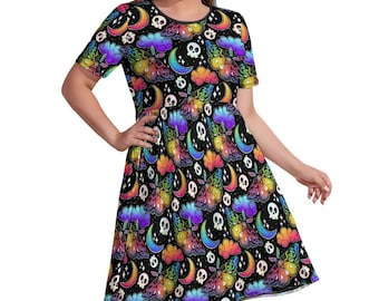Vestido gótico arcoíris de talla grande con bolsillos, cuello redondo, manga corta y largo hasta la rodilla.