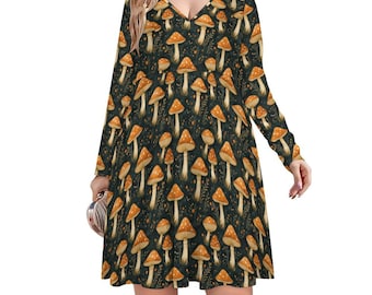 Vestido hongo con escote en V y manga larga / Vestidos cottagecore / Opciones de ropa de talla grande para mujer