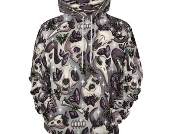 Unisex Gothic Witch Hoodie with Skulls, Bones, and Crystals