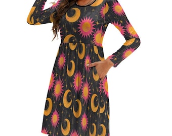 Celestial Sun Moon Dress, Black Astrology Maxi Dress, Starry Sky Spiritual Outfit, Witchcore Planet Print Dress, Osmic Universe Boho Fashion - Etsy Celestial Sun Moon Dress, Black Astrology Maxi Dress, Starry Sky Spiritual Outfit, Witchcore Planet Print Dress, Osmic Universe Boho Fashion - Etsy