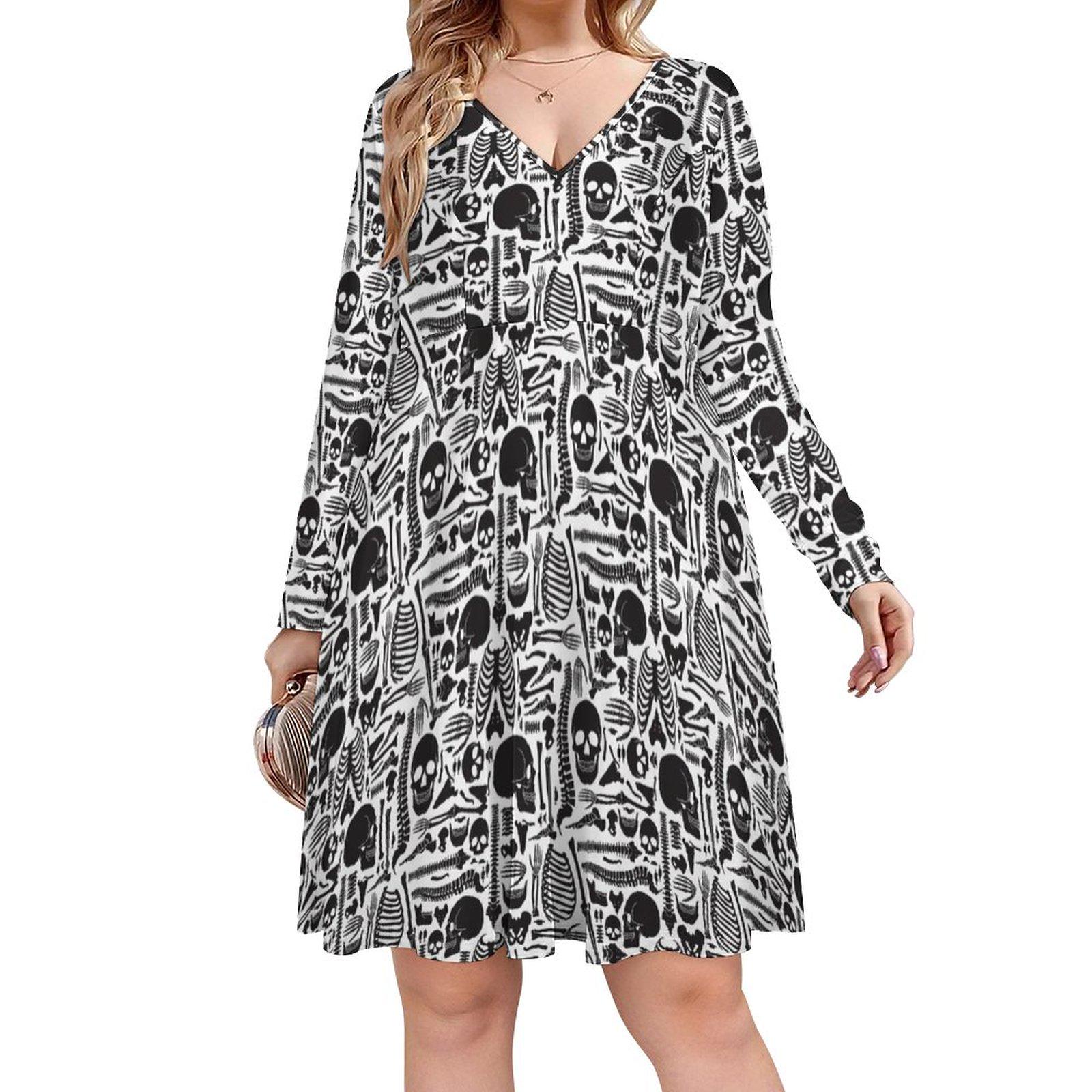Skeleton Bones V-neck Long Sleeve Dress | Gothic Skull Anatomy Print Spooky Black White Dresses