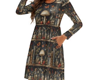 Vestido de boticario con bolsillos y estilo biblioteca de hongos / Vestido skater de manga larga en estilo cottagecore oscuro