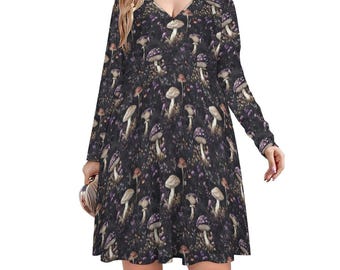 Vestido estilo hongo con escote en V y manga larga / Vestidos estilo cottagecore / Opciones de tallas grandes para mujer