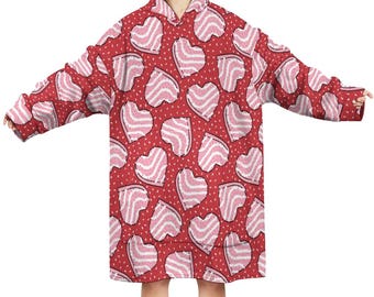 Manta con capucha para el Día de San Valentín / Manta usable extragrande con corazones de pastel rosa