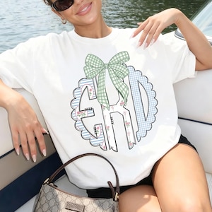 Comfort Colors Floral Custom Text Shirt, Coquette Initial Tee, Striped Blue Gingham Top, Birthday Gift For Mom