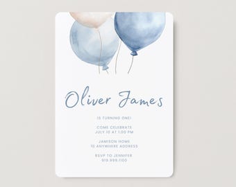 May include: A white invitation card with rounded corners, featuring watercolor balloons in shades of blue and peach. The text "Oliver James" is written in a delicate blue script, with additional details about a birthday celebration.