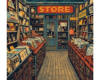 Exhibición de tienda de discos retro: Música, decoración de vinilo