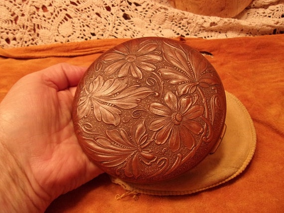 Large Tooled Leather Compact 1940's
