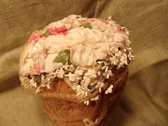 Velvet Flowered 1950's Pink And White Hat