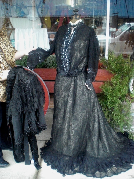 1800s Black Beaded Mourning Dress with Cape