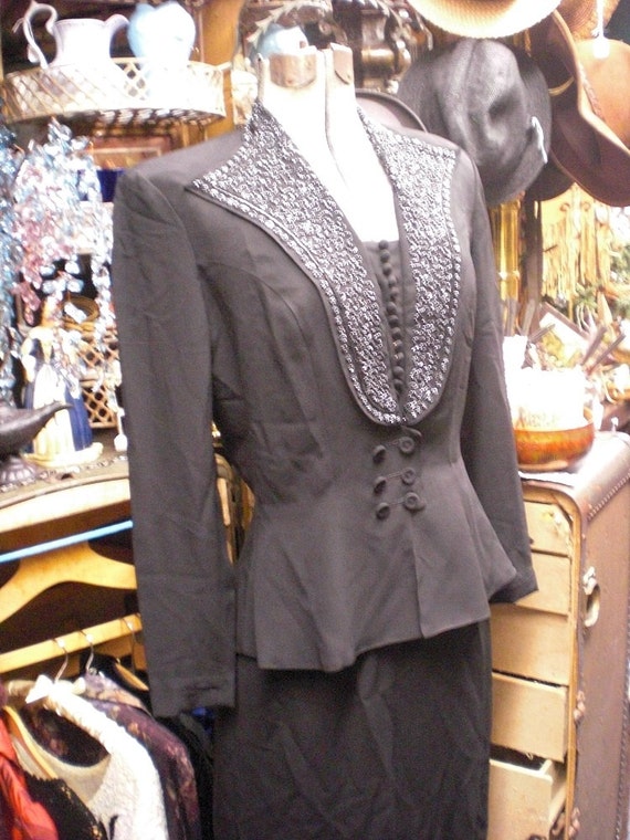 Black Beaded Two Piece 1940s Top and Skirt