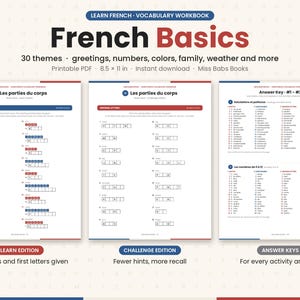 Puede incluir: Un libro de ejercicios de vocabulario French Basics en formato PDF imprimible de 21,59 x 27,94 cm. El documento incluye 30 temas, una edición de aprendizaje con actividades, una edición de desafío y una sección de respuestas.