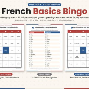 Puede incluir: Set de bingo French Basics en PDF imprimible con 15 juegos bilingües y 36 tarjetas únicas cada uno. Incluye una edición fácil, tarjetas de llamada y una edición de desafío en páginas de 21,59 x 27,94 cm para vocabulario.
