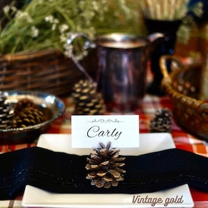 Peut inclure: Une table dressée avec une serviette noire, une assiette carrée blanche et un porte-cartes en forme de pomme de pin avec une carte de nom qui dit "Carly". La table est dressée sur une nappe à carreaux rouge et orange. Le texte "Vintage gold" est visible.