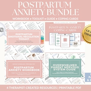 Może przedstawiać: Cyfrowy pakiet materiałów do druku zatytułowany Postpartum Anxiety Bundle, zawierający zeszyt ćwiczeń, zestaw narzędzi, przewodnik i 30 kart radzenia sobie ze stresem. Dokumenty zawierają tekst na różowym i zielonym tle ze złotą pieczęcią.