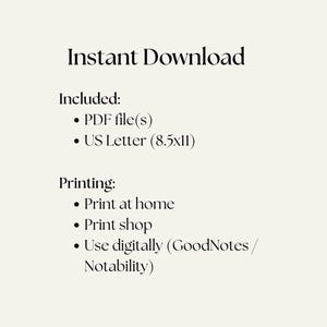 K&ouml;nnte beinhalten: Cremefarbene digitale Download-Grafik mit dem Text "Sofort-Download". Enthalten: PDF-Dateien und US Letter-Gr&ouml;&szlig;e (21,6x27,9 cm). Druckoptionen: zu Hause drucken, Druckerei oder digital mit GoodNotes oder Notability verwenden.