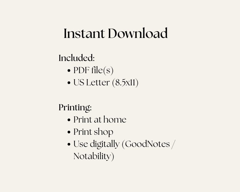 K&ouml;nnte beinhalten: Cremefarbene digitale Download-Grafik mit dem Text "Sofort-Download". Enthalten: PDF-Dateien und US Letter-Gr&ouml;&szlig;e (21,6x27,9 cm). Druckoptionen: zu Hause drucken, Druckerei oder digital mit GoodNotes oder Notability verwenden.