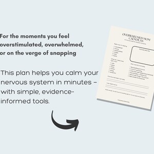 K&ouml;nnte beinhalten: Ein cremefarbenes Papier mit dem Titel "Overwhelmed Mom Calm Plan" mit einer Checkliste und Platz f&uuml;r Notizen. Der Text auf dem Papier lautet: "F&uuml;r die Momente, in denen Sie sich &uuml;berreizt, &uuml;berfordert oder kurz vor dem Ausrasten f&uuml;hlen."