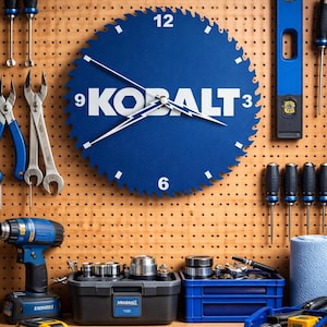May include: A blue circular wall clock with a saw blade design and the word "KOBALT" in white. Various tools, including screwdrivers, pliers, and a level, are arranged on a pegboard background. A workbench displays additional tools and a battery.