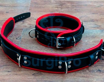 Conjunto de cuello y puños de cuero acolchados de lujo (negro y rojo)