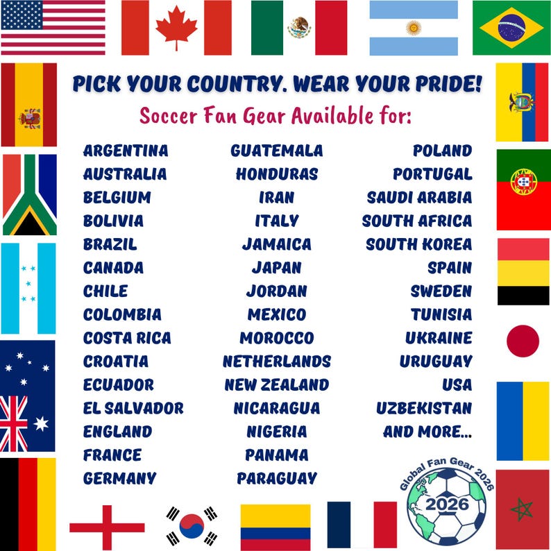 World Cup Fan Gear Pick Your Country Wear Your Pride, Soccer Fans Spirit Accessories, Show Your Support, Flags of the World
