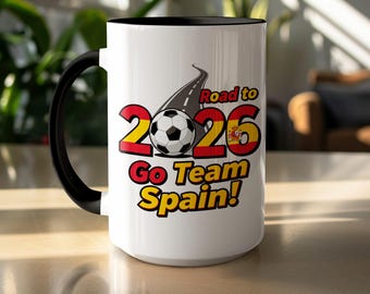 Taza de café de cerámica de 15 oz con diseño de fútbol de España: Edición limitada, diseño "Camino a 2026"