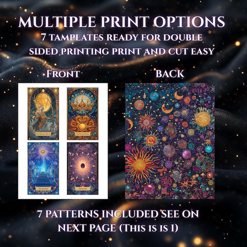 Pode incluir: Imagem mostrando designs de cartas de tar&ocirc; com temas celestiais e m&iacute;sticos. A frente exibe quatro designs de cartas com ilustra&ccedil;&otilde;es detalhadas, enquanto a parte de tr&aacute;s apresenta um padr&atilde;o vibrante de s&oacute;is, luas e estrelas. O texto indica v&aacute;rias op&ccedil;&otilde;es de impress&atilde;o.