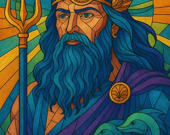 Livro de colorir vitrais de Poseidon: 15 páginas de mitologia (download em PDF)