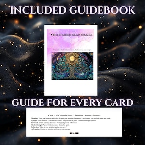 Pode incluir: Um guia para "The Stained-Glass Oracle" com uma ilustra&ccedil;&atilde;o de &aacute;rvore em vitral. O texto diz "Guia inclu&iacute;do" e "Guia para cada carta". O guia fornece ilumina&ccedil;&atilde;o, reflex&atilde;o e percep&ccedil;&atilde;o para cada carta.