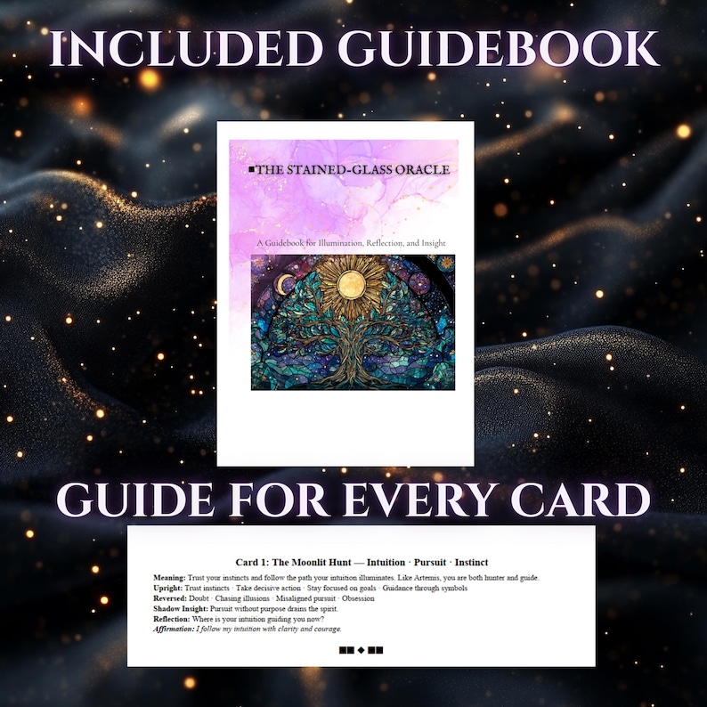 Pode incluir: Um guia para "The Stained-Glass Oracle" com uma ilustra&ccedil;&atilde;o de &aacute;rvore em vitral. O texto diz "Guia inclu&iacute;do" e "Guia para cada carta". O guia fornece ilumina&ccedil;&atilde;o, reflex&atilde;o e percep&ccedil;&atilde;o para cada carta.