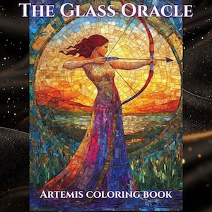 May include: A coloring book cover titled "The Glass Oracle" featuring a mosaic-style illustration of a woman with red hair drawing a bow. The woman is wearing a long dress with shades of purple, blue, and orange. The background depicts a sunset over water.
