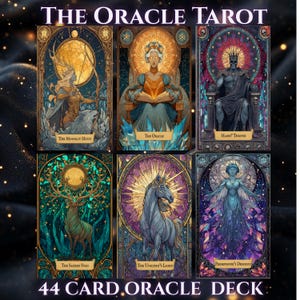 Puede incluir: Una baraja de cartas de oráculo titulada "The Oracle Tarot". Las cartas presentan ilustraciones detalladas con temas como "The Moonlit Hunt", "The Oracle" y "Hades' Throne". La baraja contiene 44 cartas.