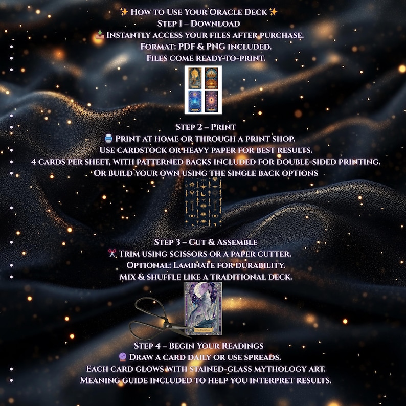 Pode incluir: Um guia sobre como usar um baralho de or&aacute;culo, com instru&ccedil;&otilde;es em texto branco sobre um fundo escuro e estrelado. As etapas incluem download, impress&atilde;o, corte e montagem dos cart&otilde;es. A imagem tamb&eacute;m mostra um cart&atilde;o de amostra com uma ilustra&ccedil;&atilde;o de lobo.