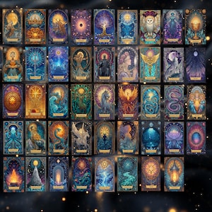 Pode incluir: Um conjunto de cartas de tarot com ilustra&ccedil;&otilde;es detalhadas e coloridas. Cada carta apresenta um design &uacute;nico com elementos celestiais, m&iacute;ticos e naturais, incluindo corujas, drag&otilde;es e corpos celestes. As cartas t&ecirc;m uma est&eacute;tica de vitral com detalhes dourados.