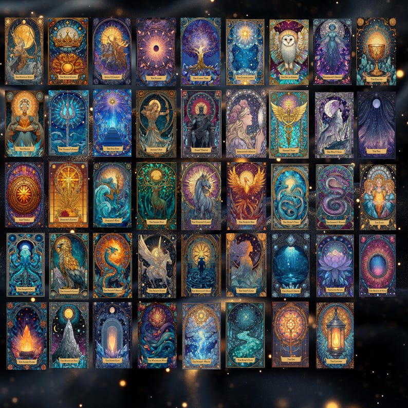 Pode incluir: Um conjunto de cartas de tarot com ilustra&ccedil;&otilde;es detalhadas e coloridas. Cada carta apresenta um design &uacute;nico com elementos celestiais, m&iacute;ticos e naturais, incluindo corujas, drag&otilde;es e corpos celestes. As cartas t&ecirc;m uma est&eacute;tica de vitral com detalhes dourados.