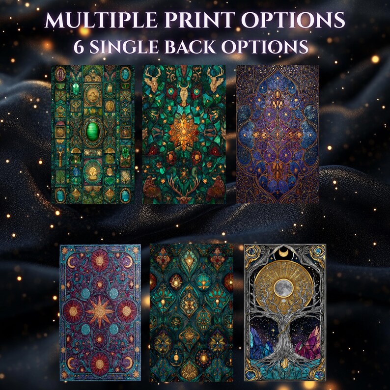 Pode incluir: Imagem com seis designs diferentes de cartas de tar&ocirc;. As cartas apresentam ilustra&ccedil;&otilde;es intrincadas e coloridas com temas de natureza, corpos celestes e padr&otilde;es geom&eacute;tricos. O texto na parte superior diz "MULTIPLE PRINT OPTIONS" e "6 SINGLE BACK OPTIONS".
