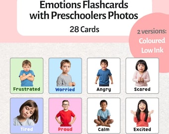 Pode incluir: Cartões de memória de emoções para crianças, com fotos de crianças em idade pré-escolar. Os cartões mostram emoções como frustrado, preocupado, zangado, assustado, cansado, orgulhoso, calmo e animado. O conjunto inclui 28 cartões, em cores e de baixo consumo de tinta.