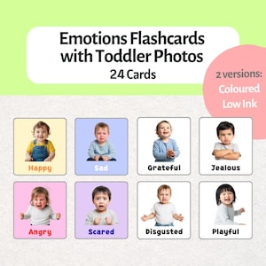 Pode incluir: Flashcards de emo&ccedil;&otilde;es com fotos de crian&ccedil;as pequenas. Os flashcards apresentam 24 cart&otilde;es com imagens de crian&ccedil;as pequenas expressando diferentes emo&ccedil;&otilde;es, incluindo feliz, triste, grato, ciumento, zangado, assustado, enojado e brincalh&atilde;o. Duas vers&otilde;es dispon&iacute;veis: colorida e com pouca tinta.