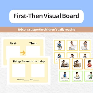 May include: A visual board with the text "First-Then Visual Board" and "30 Icons supporting children's daily routine." The board includes sections for "First" and "Then" with corresponding icons for daily activities like brushing teeth and eating meals.