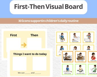 Könnte beinhalten: Visuelles Board mit der Aufschrift "First-Then Visual Board" und "30 Icons unterstützen die tägliche Routine der Kinder". Das Board enthält Abschnitte für "Zuerst" und "Dann" mit Symbolen für tägliche Aktivitäten wie Zähneputzen und Essen.