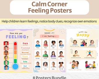 Puede incluir: Un conjunto de ocho carteles educativos para un rincón de calma. Los carteles presentan ilustraciones coloridas y texto para ayudar a los niños a aprender sobre sentimientos, pistas corporales y reconocimiento emocional. Los carteles incluyen el texto "Calm Corner Feeling Posters".