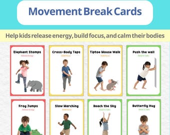 Könnte beinhalten: Ein Set von Movement Break Cards bestehend aus acht rechteckigen Karten mit farbigen Rändern. Jede Karte zeigt ein Kind bei einer körperlichen Aktivität, wie Elephant Stomps oder Frog Jumps, ergänzt durch Illustrationen und den jeweiligen Text.