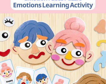 Pode incluir: Um conjunto Emotion Faces Puzzle Emotions Learning Activity com duas bases de rosto circulares com cabelo azul e rosa. Inclui vários recortes de características faciais como olhos, narizes e bocas, além de cartões com Happy, Disappointed e Angry.