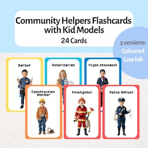 May include: Flashcards for children featuring community helpers. The cards show children dressed as a barber, veterinarian, flight attendant, construction worker, firefighter, and police officer. The text on the cards reads "Community Helpers Flashcards with Kid Models 24 Cards".