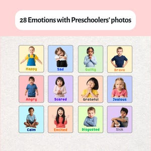 Może przedstawiać: Wizualne narzędzie edukacyjne z 12 kolorowymi kwadratami, każdy z fotografią dziecka i etykietą emocji. Emocje obejmują Szczęśliwy, Smutny, Winny, Odważny, Zły, Przerażony, Wdzięczny, Zazdrosny, Spokojny, Podekscytowany, Zniesmaczony i Chory.