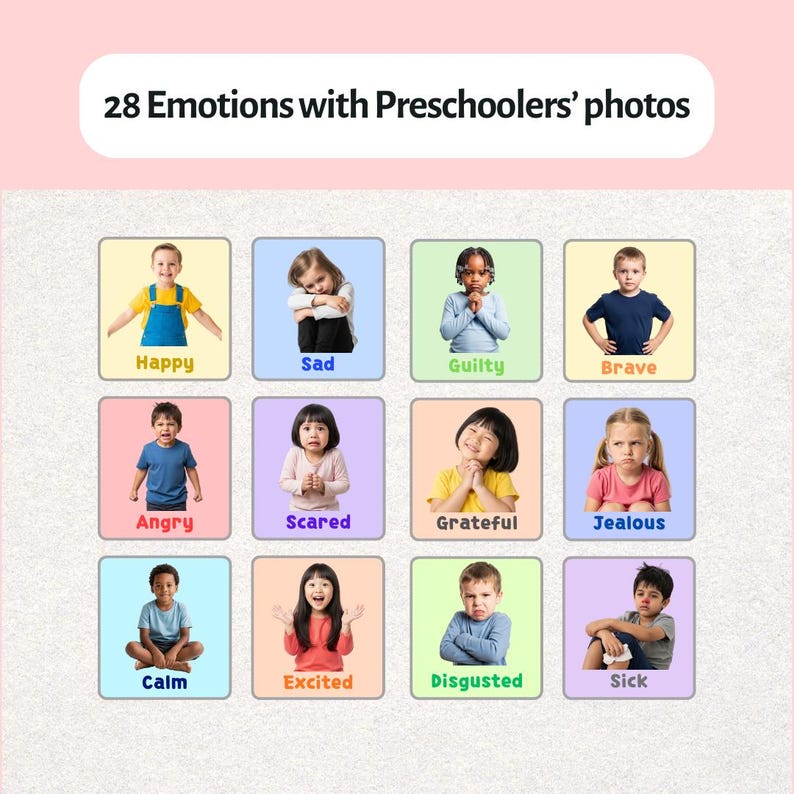 Może przedstawiać: Wizualne narzędzie edukacyjne z 12 kolorowymi kwadratami, każdy z fotografią dziecka i etykietą emocji. Emocje obejmują Szczęśliwy, Smutny, Winny, Odważny, Zły, Przerażony, Wdzięczny, Zazdrosny, Spokojny, Podekscytowany, Zniesmaczony i Chory.